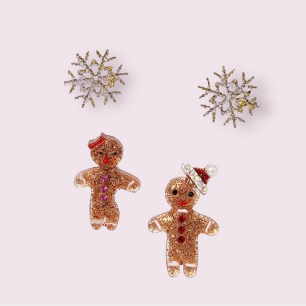 Betsy Johnson Holiday‎ Earrings Mismatch Gingerbread & Snowflake Stud Earrings